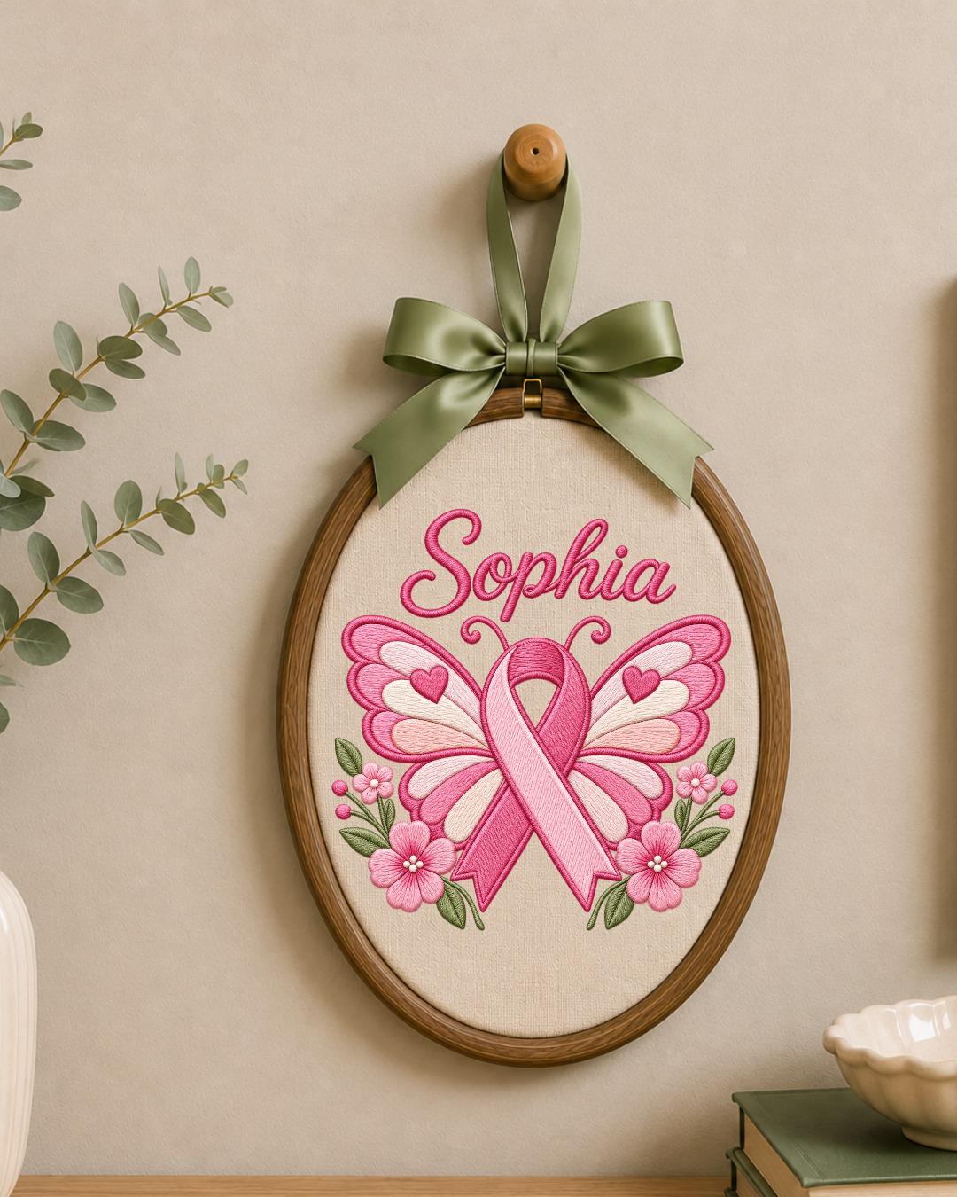 Personalized Breast Cancer Awareness Embroidered Ornament, Custom Name Pink Ribbon Hoop, Survivor Gift, Breast Cancer Support Keepsake