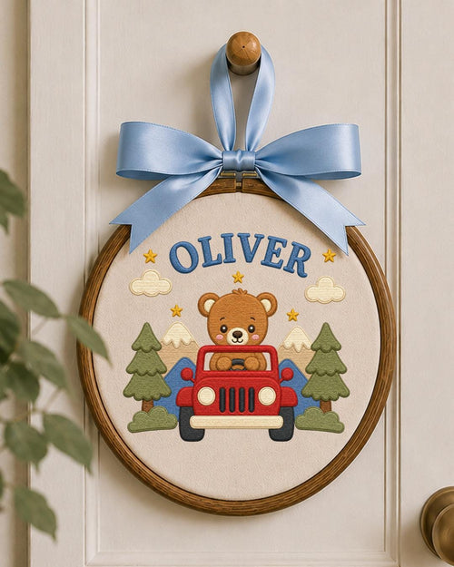 Personalized Teddy Bear Jeep Embroidered Ornament, Custom Baby Name Hoop, Adventure Nursery Decor, Baby Boy Gift, Newborn Keepsake