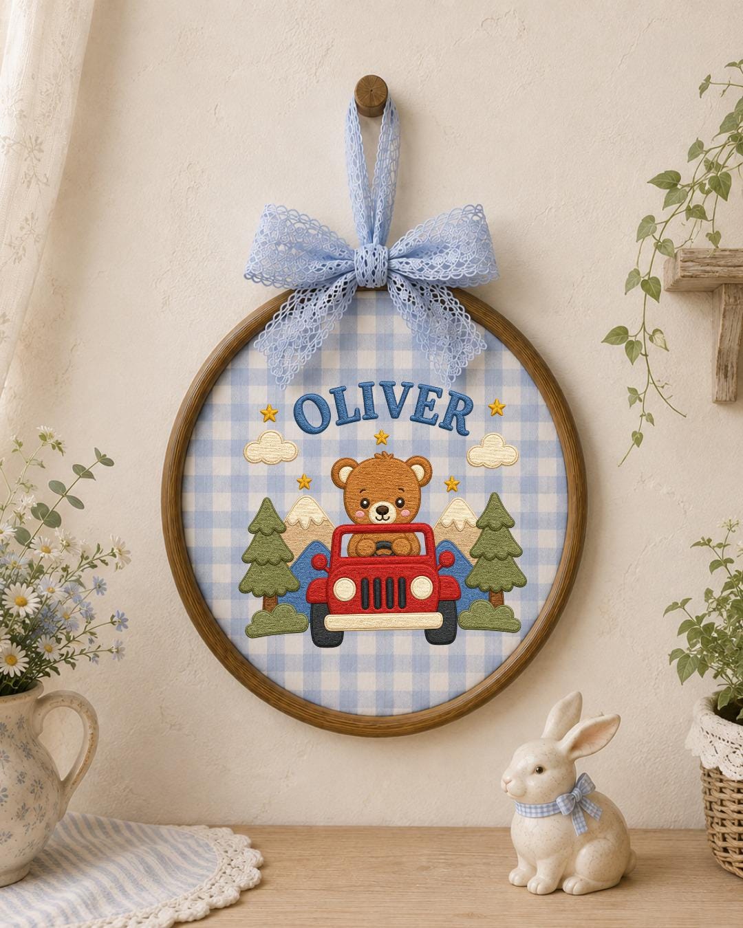 Personalized Teddy Bear Jeep Embroidered Ornament, Custom Baby Name Hoop, Adventure Nursery Decor, Baby Boy Gift, Newborn Keepsake