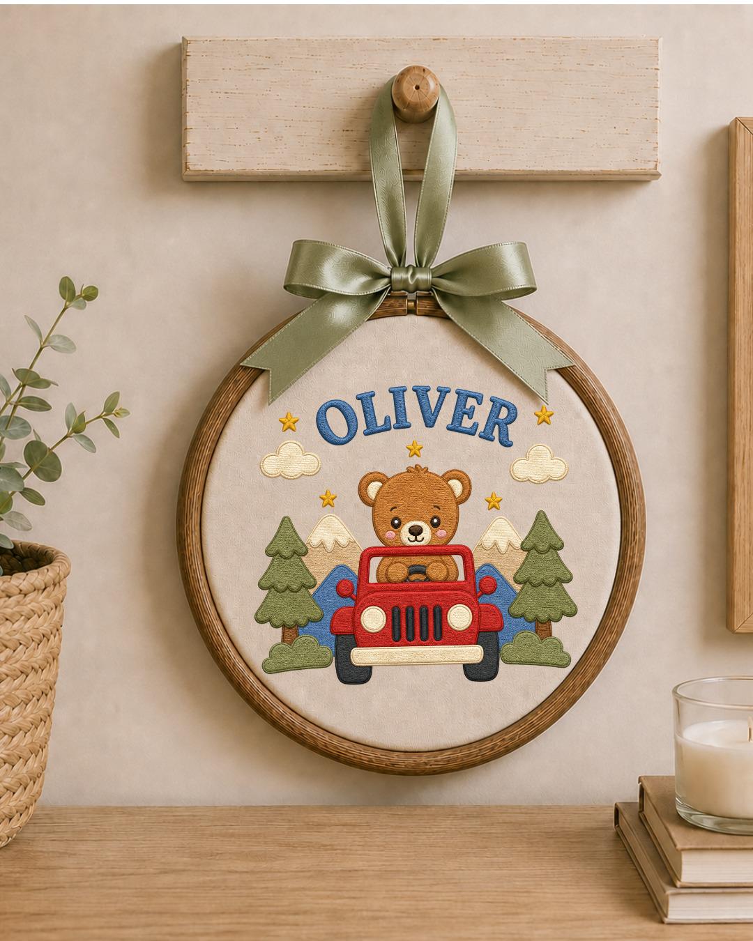 Personalized Teddy Bear Jeep Embroidered Ornament, Custom Baby Name Hoop, Adventure Nursery Decor, Baby Boy Gift, Newborn Keepsake
