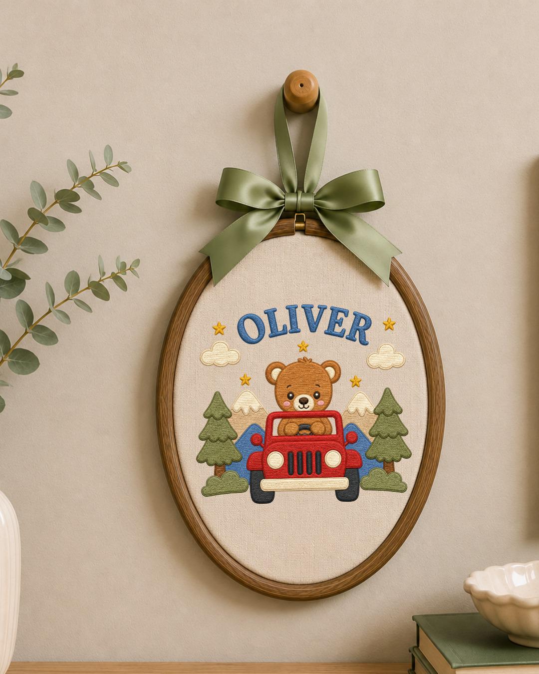 Personalized Teddy Bear Jeep Embroidered Ornament, Custom Baby Name Hoop, Adventure Nursery Decor, Baby Boy Gift, Newborn Keepsake
