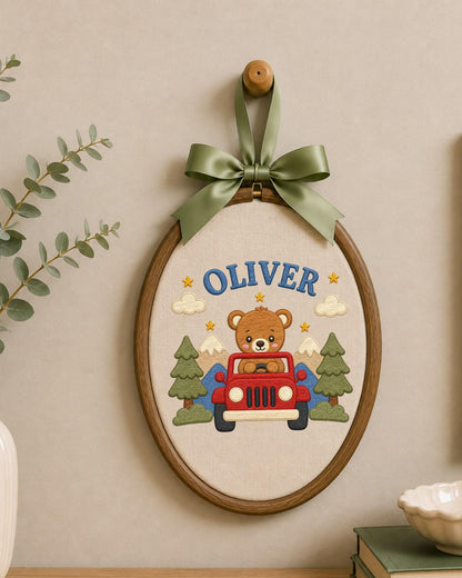 Personalized Teddy Bear Jeep Embroidered Ornament, Custom Baby Name Hoop, Adventure Nursery Decor, Baby Boy Gift, Newborn Keepsake