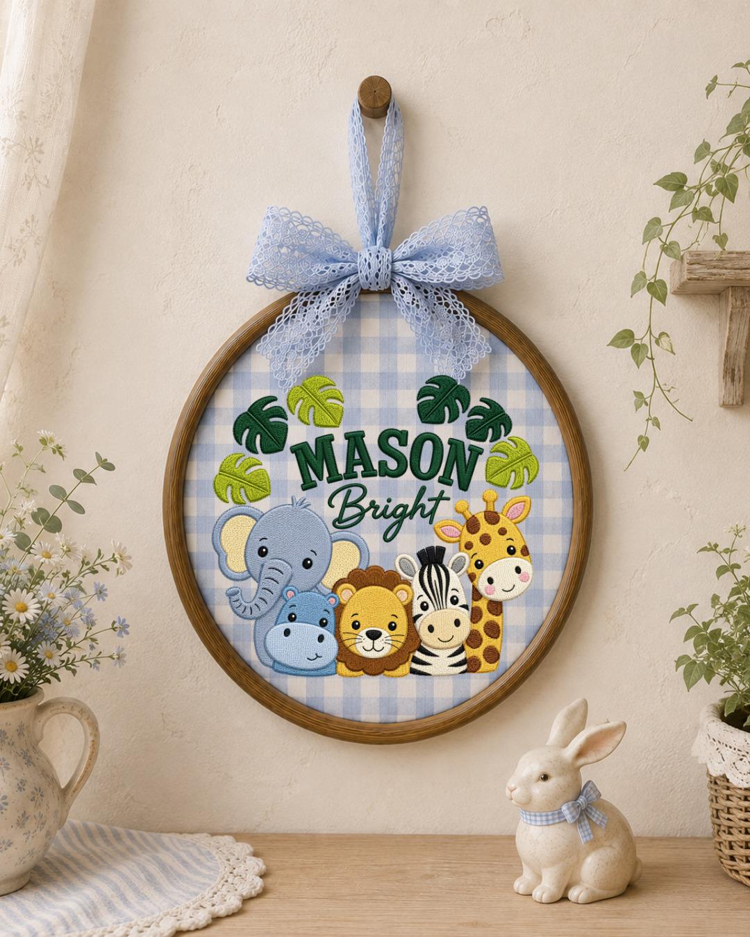 Personalized Safari Animal Embroidered Ornament, Custom Baby Name Hoop, Jungle Nursery Decor, Baby Boy Gift, Newborn Keepsake