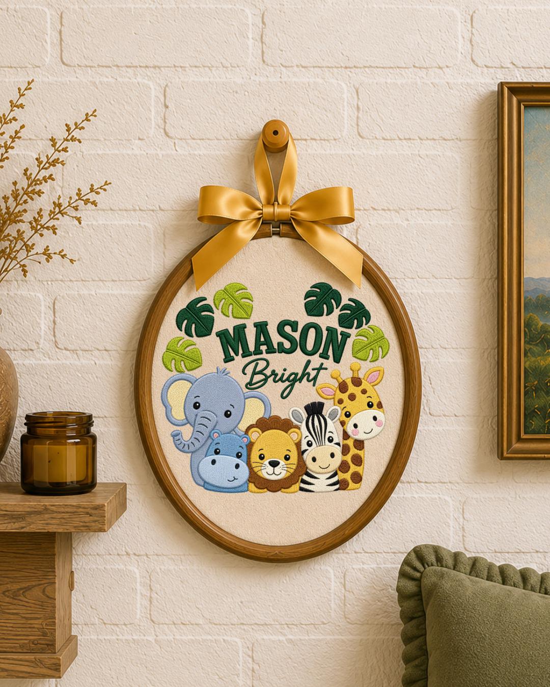 Personalized Safari Animal Embroidered Ornament, Custom Baby Name Hoop, Jungle Nursery Decor, Baby Boy Gift, Newborn Keepsake