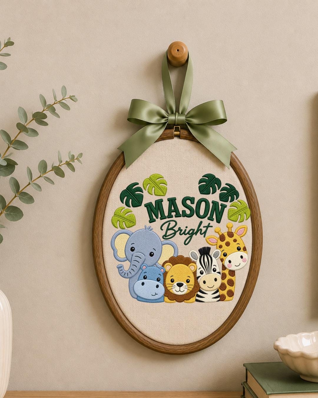 Personalized Safari Animal Embroidered Ornament, Custom Baby Name Hoop, Jungle Nursery Decor, Baby Boy Gift, Newborn Keepsake
