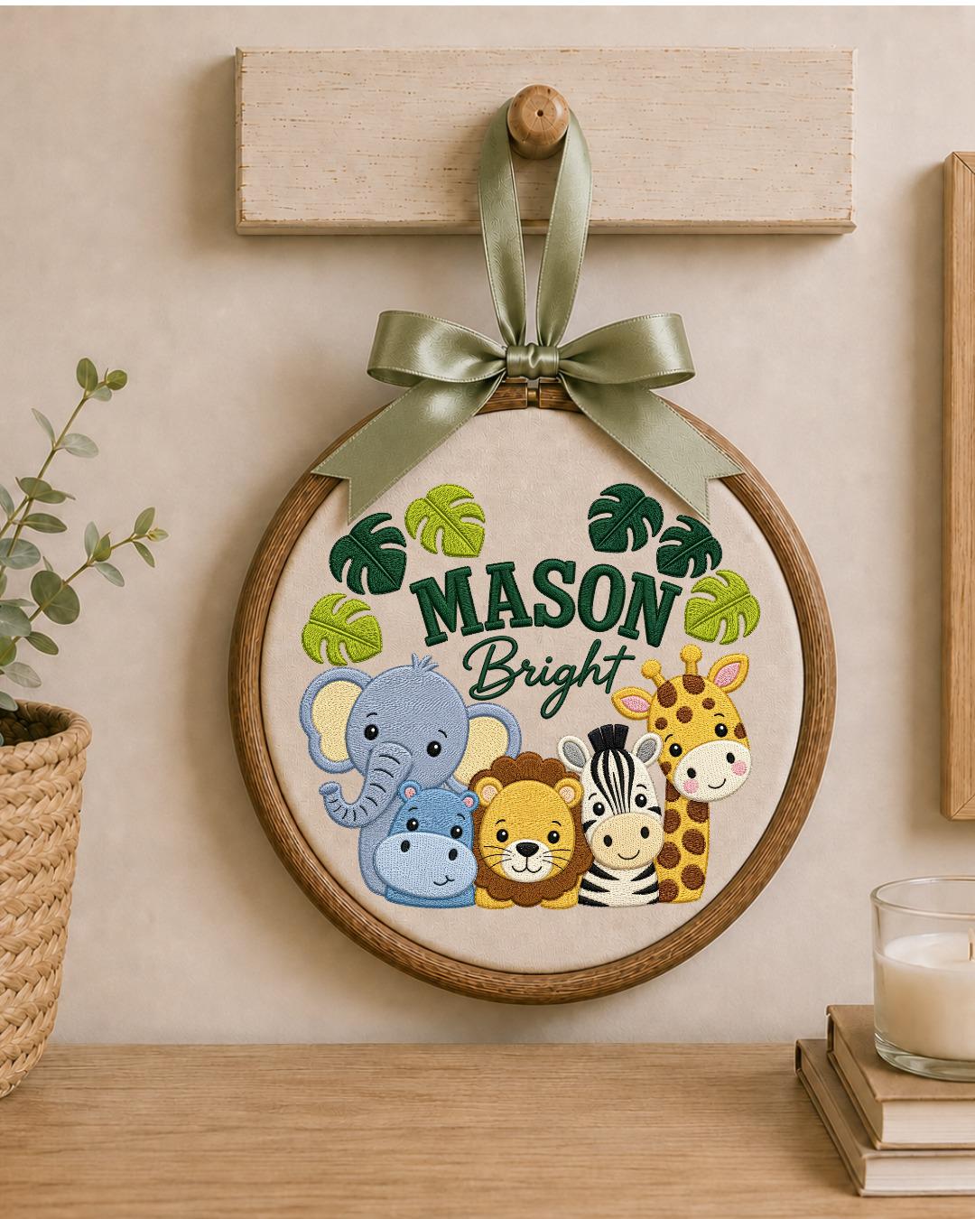 Personalized Safari Animal Embroidered Ornament, Custom Baby Name Hoop, Jungle Nursery Decor, Baby Boy Gift, Newborn Keepsake