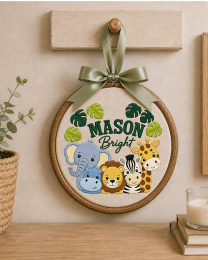 Personalized Safari Animal Embroidered Ornament, Custom Baby Name Hoop, Jungle Nursery Decor, Baby Boy Gift, Newborn Keepsake