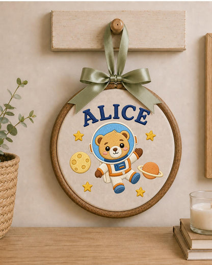 Personalized Astronaut Bear Embroidered Ornament, Custom Baby Name Hoop, Space Nursery Decor, Baby Boy Gift, Newborn Keepsake