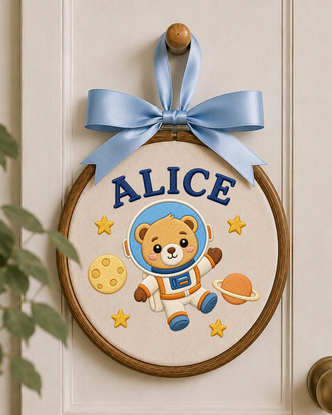 Personalized Astronaut Bear Embroidered Ornament, Custom Baby Name Hoop, Space Nursery Decor, Baby Boy Gift, Newborn Keepsake