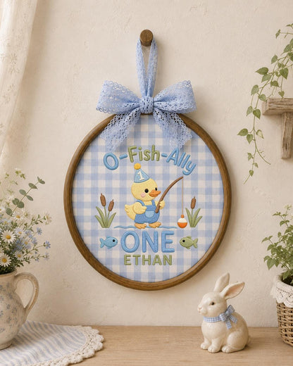 Personalized First Birthday Duck Embroidered Ornament, Custom Baby Name Hoop, Fishing Birthday Decor, Baby Boy 1st Birthday Gift