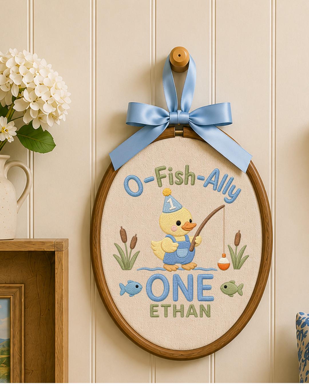 Personalized First Birthday Duck Embroidered Ornament, Custom Baby Name Hoop, Fishing Birthday Decor, Baby Boy 1st Birthday Gift