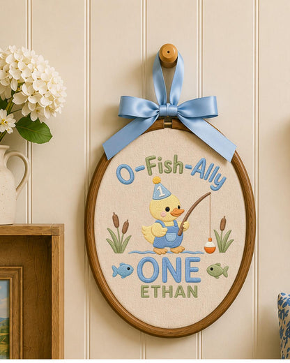 Personalized First Birthday Duck Embroidered Ornament, Custom Baby Name Hoop, Fishing Birthday Decor, Baby Boy 1st Birthday Gift