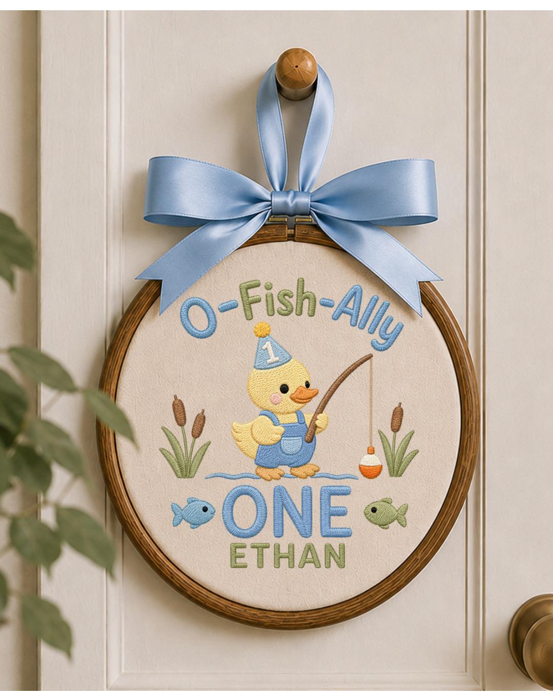 Personalized First Birthday Duck Embroidered Ornament, Custom Baby Name Hoop, Fishing Birthday Decor, Baby Boy 1st Birthday Gift