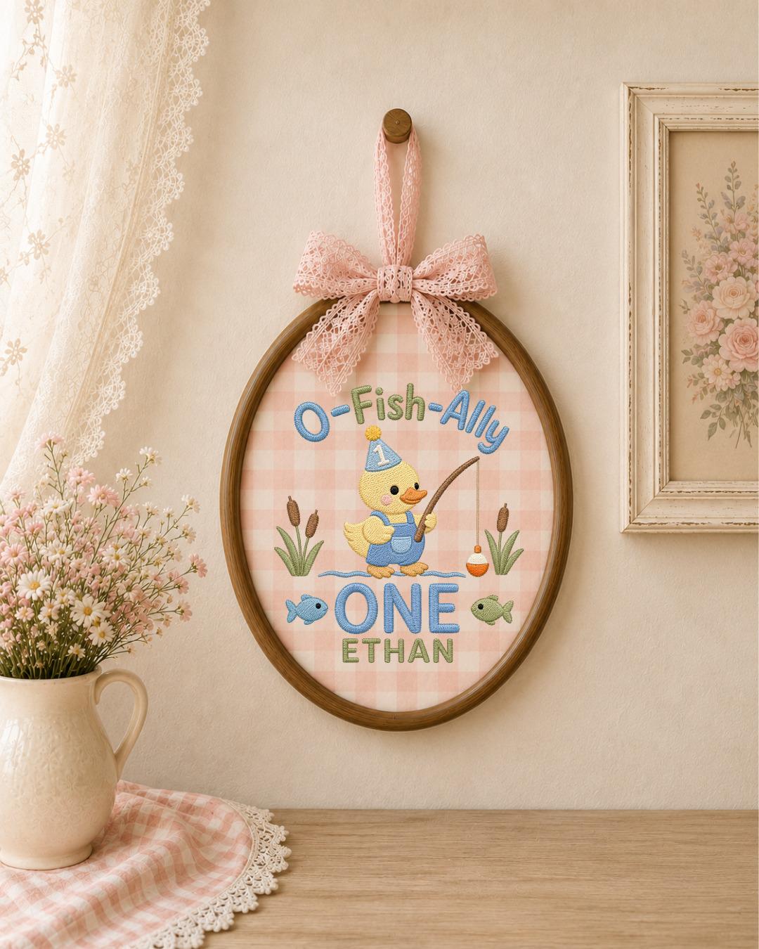 Personalized First Birthday Duck Embroidered Ornament, Custom Baby Name Hoop, Fishing Birthday Decor, Baby Boy 1st Birthday Gift
