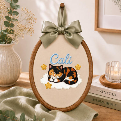 Personalized Calico Cat Embroidery Hoop Art, Custom Name Cloud Nursery Decor Cali Cat Gift