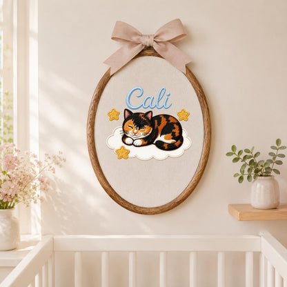 Personalized Calico Cat Embroidery Hoop Art, Custom Name Cloud Nursery Decor Cali Cat Gift