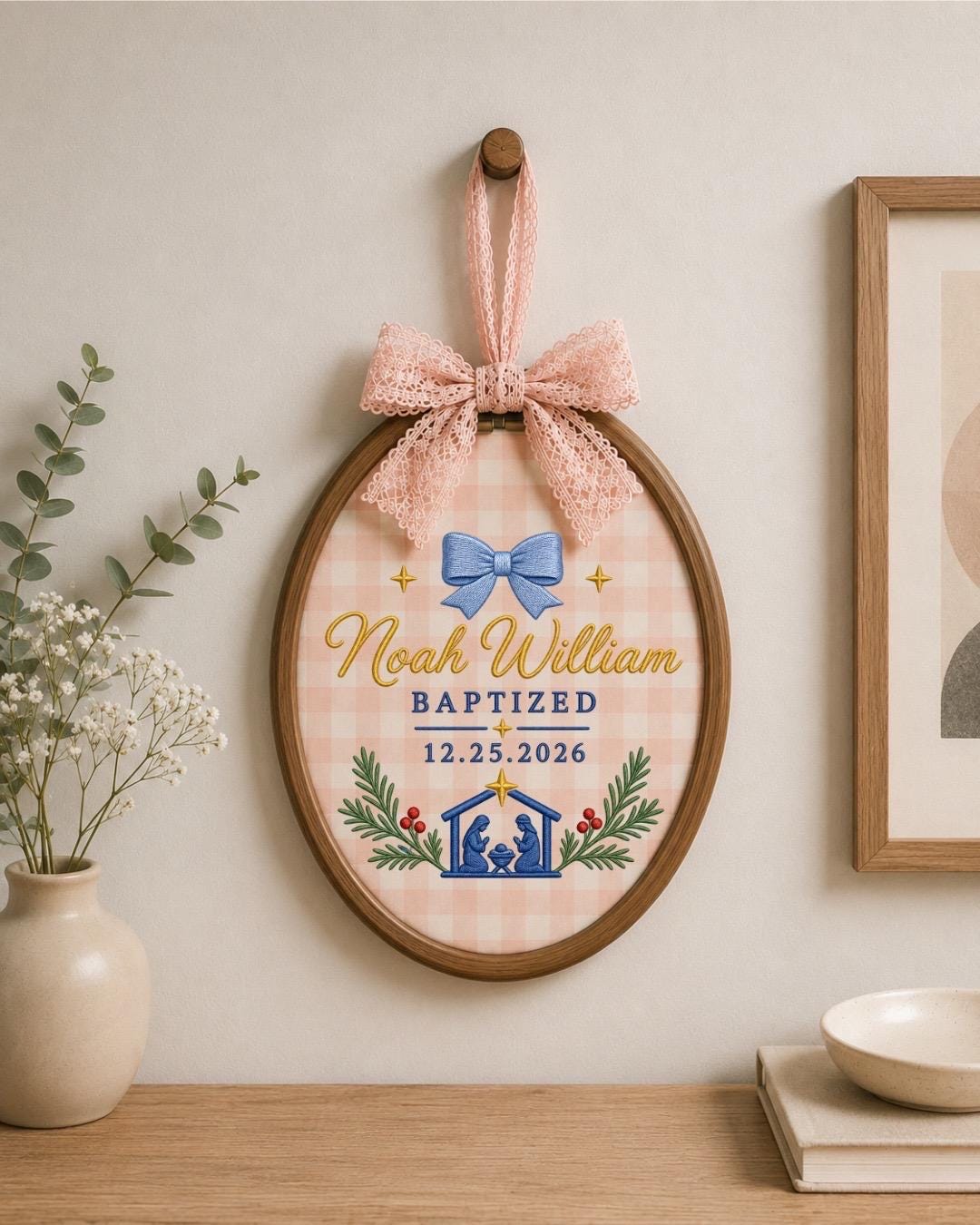 Personalized Baptism Embroidered Ornament, Custom Baby Name Christening Keepsake, Nativity Christmas Decor, Baptized Baby Gift