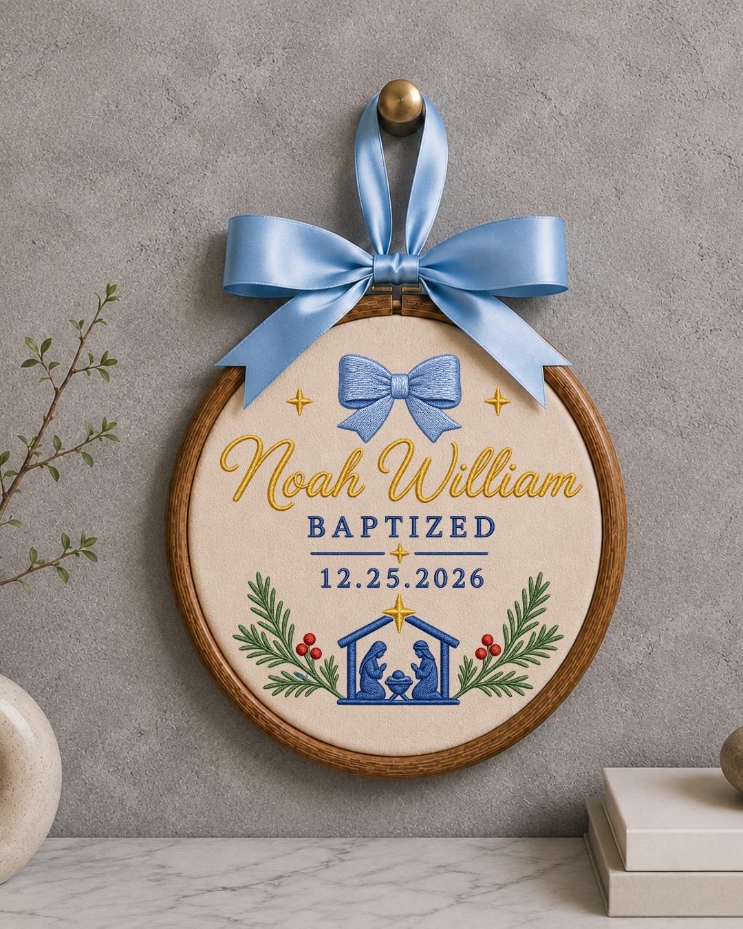Personalized Baptism Embroidered Ornament, Custom Baby Name Christening Keepsake, Nativity Christmas Decor, Baptized Baby Gift