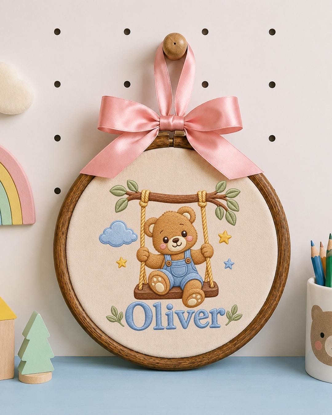 Personalized Baby Name Embroidered Ornament, Teddy Bear Nursery Decor, Custom Baby Boy Name Sign, Newborn Gift, Baby Shower Keepsake