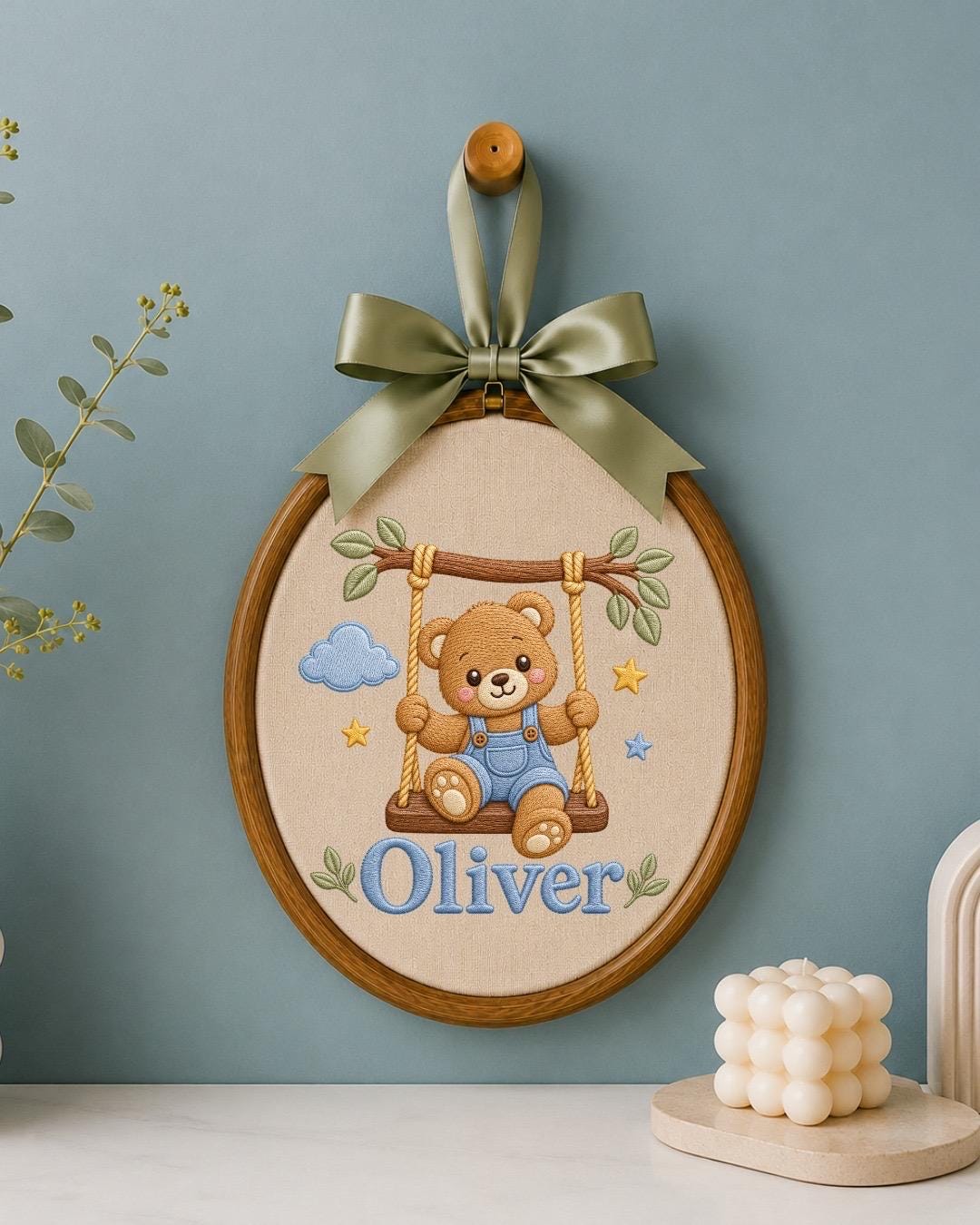 Personalized Baby Name Embroidered Ornament, Teddy Bear Nursery Decor, Custom Baby Boy Name Sign, Newborn Gift, Baby Shower Keepsake