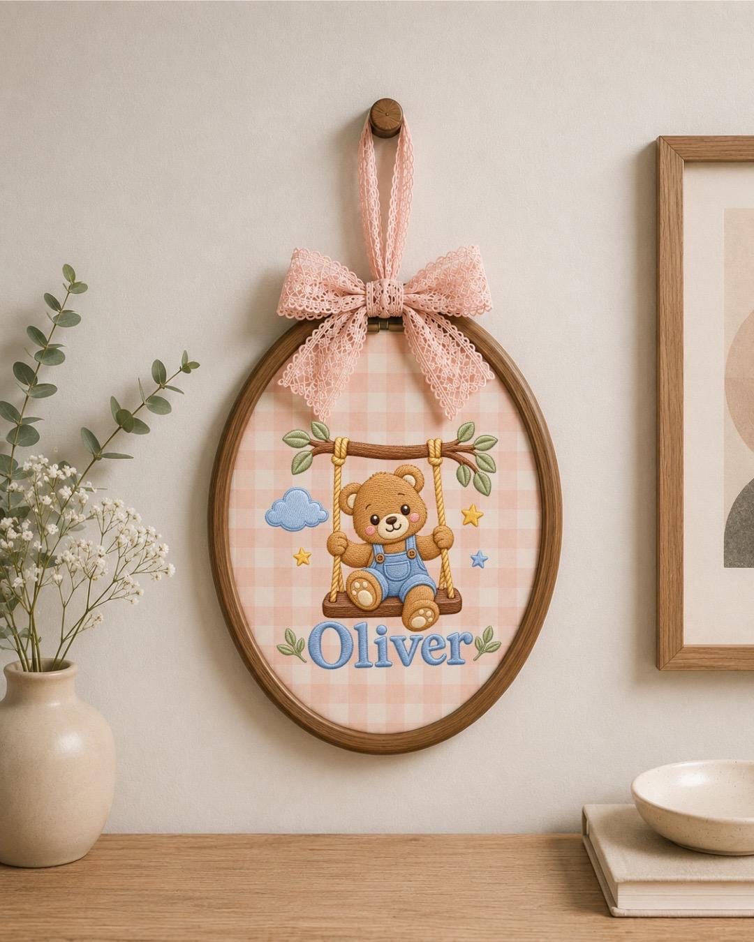 Personalized Baby Name Embroidered Ornament, Teddy Bear Nursery Decor, Custom Baby Boy Name Sign, Newborn Gift, Baby Shower Keepsake