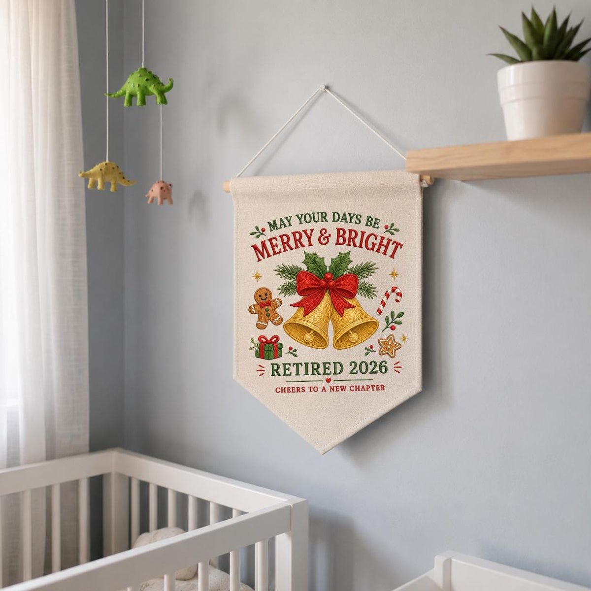 Custom Retired 2026 Merry Christmas Embroidered Canvas Pennant Banner, Golden Bells Gingerbread Man New Chapter Coworker Wall Decor