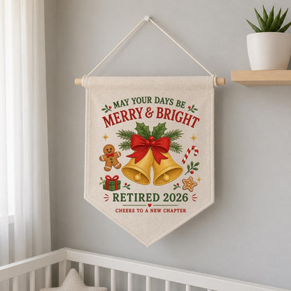 Custom Retired 2026 Merry Christmas Embroidered Canvas Pennant Banner, Golden Bells Gingerbread Man New Chapter Coworker Wall Decor