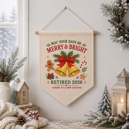 Custom Retired 2026 Merry Christmas Embroidered Canvas Pennant Banner, Golden Bells Gingerbread Man New Chapter Coworker Wall Decor