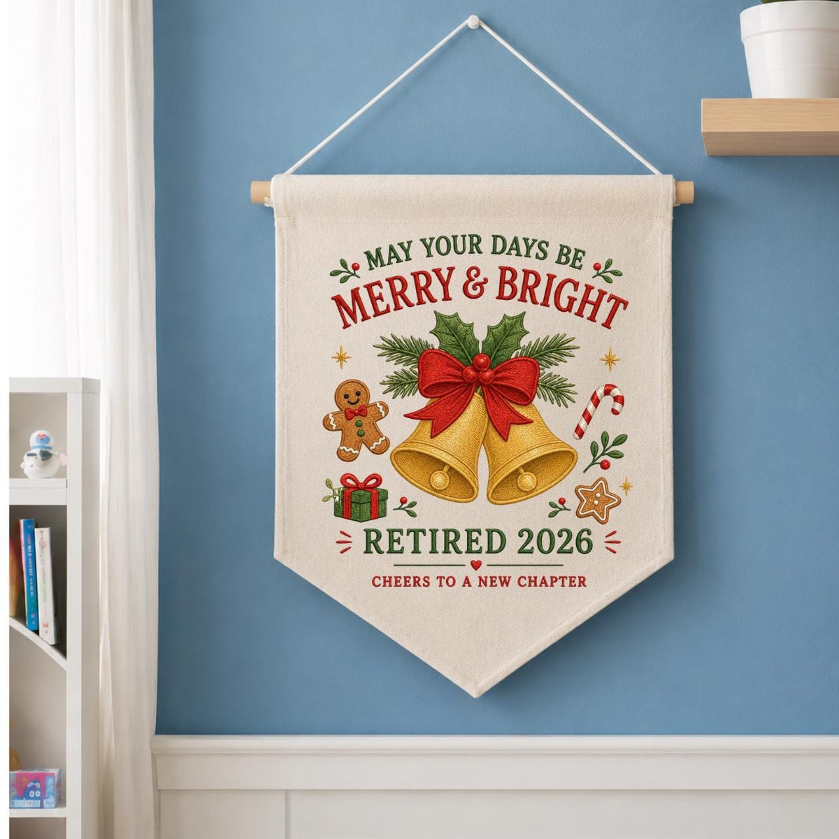 Custom Retired 2026 Merry Christmas Embroidered Canvas Pennant Banner, Golden Bells Gingerbread Man New Chapter Coworker Wall Decor