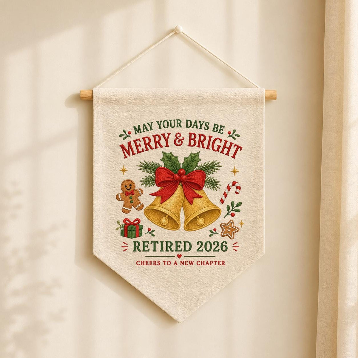 Custom Retired 2026 Merry Christmas Embroidered Canvas Pennant Banner, Golden Bells Gingerbread Man New Chapter Coworker Wall Decor