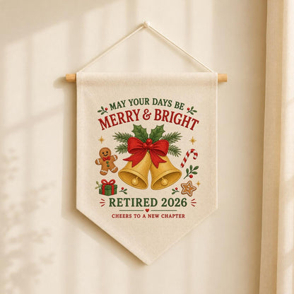 Custom Retired 2026 Merry Christmas Embroidered Canvas Pennant Banner, Golden Bells Gingerbread Man New Chapter Coworker Wall Decor