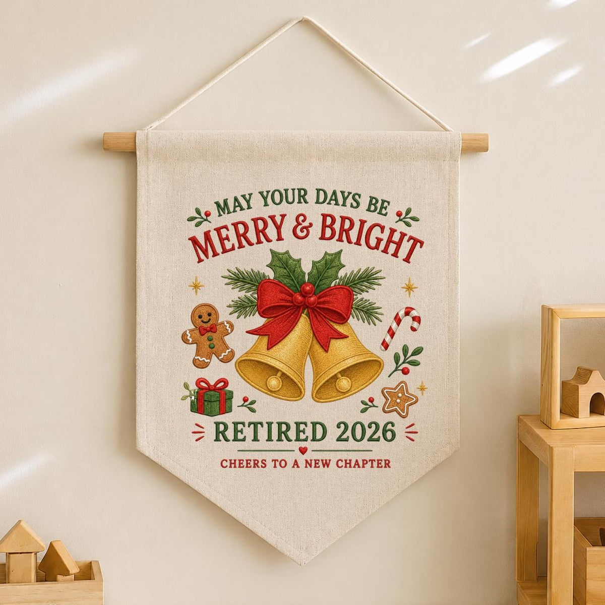 Custom Retired 2026 Merry Christmas Embroidered Canvas Pennant Banner, Golden Bells Gingerbread Man New Chapter Coworker Wall Decor