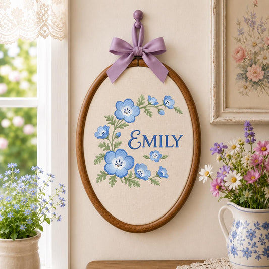 Custom Name Blue Wildflower Embroidered Round Hoop Art, Nemophila Baby Eyes Floral Wreath Girl Nursery Wall Hanging Decor, Baby Gift