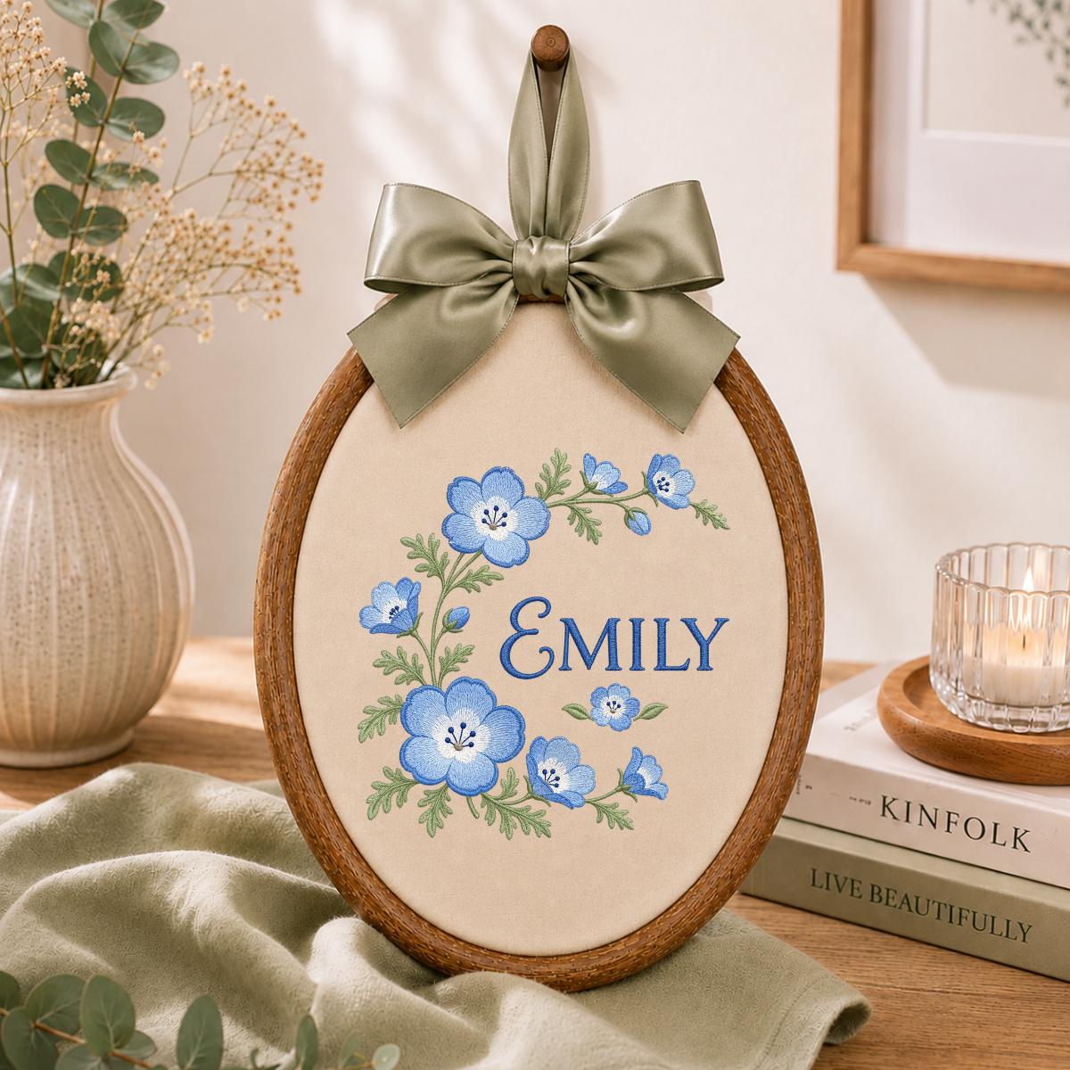 Custom Name Blue Wildflower Embroidered Round Hoop Art, Nemophila Baby Eyes Floral Wreath Girl Nursery Wall Hanging Decor, Baby Gift