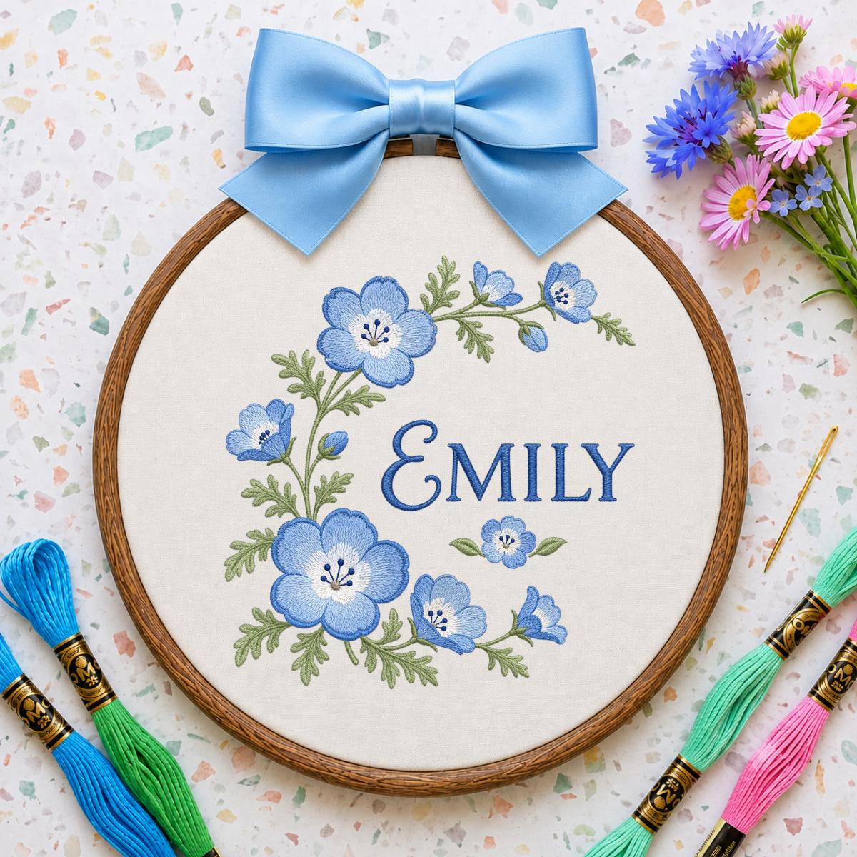 Custom Name Blue Wildflower Embroidered Round Hoop Art, Nemophila Baby Eyes Floral Wreath Girl Nursery Wall Hanging Decor, Baby Gift