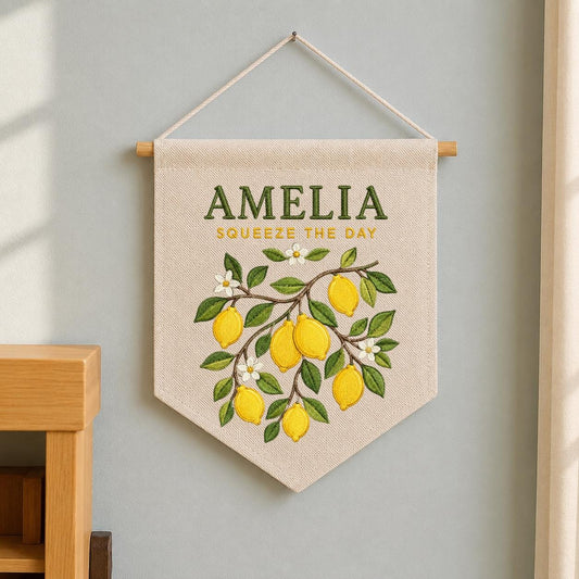 Personalized Citrus Lemon Nursery Canvas Pennant Banner Decor, Custom Embroidered Squeeze The Day Fruit Branch Wall Sign, Birthday Gift