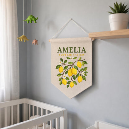 Personalized Citrus Lemon Nursery Canvas Pennant Banner Decor, Custom Embroidered Squeeze The Day Fruit Branch Wall Sign, Birthday Gift