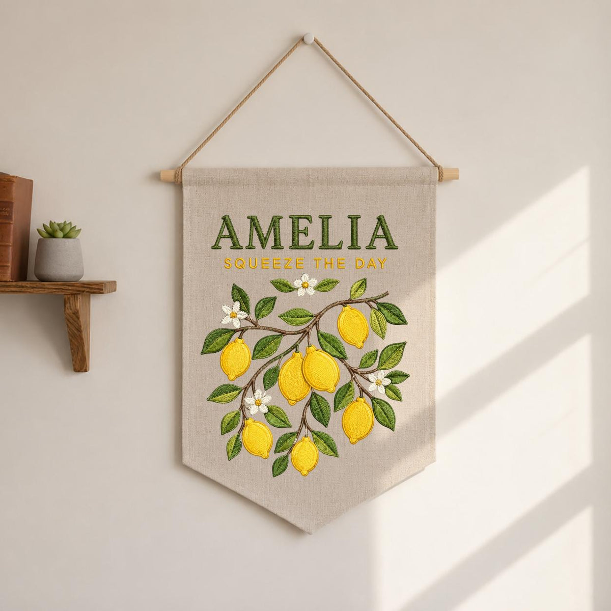 Personalized Citrus Lemon Nursery Canvas Pennant Banner Decor, Custom Embroidered Squeeze The Day Fruit Branch Wall Sign, Birthday Gift