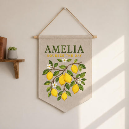 Personalized Citrus Lemon Nursery Canvas Pennant Banner Decor, Custom Embroidered Squeeze The Day Fruit Branch Wall Sign, Birthday Gift