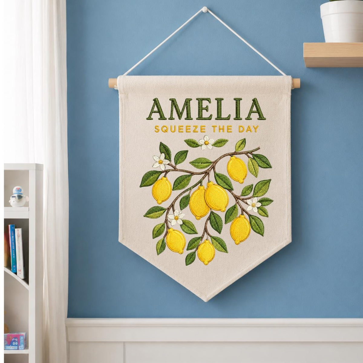 Personalized Citrus Lemon Nursery Canvas Pennant Banner Decor, Custom Embroidered Squeeze The Day Fruit Branch Wall Sign, Birthday Gift