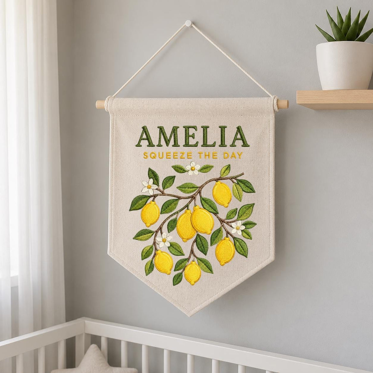 Personalized Citrus Lemon Nursery Canvas Pennant Banner Decor, Custom Embroidered Squeeze The Day Fruit Branch Wall Sign, Birthday Gift