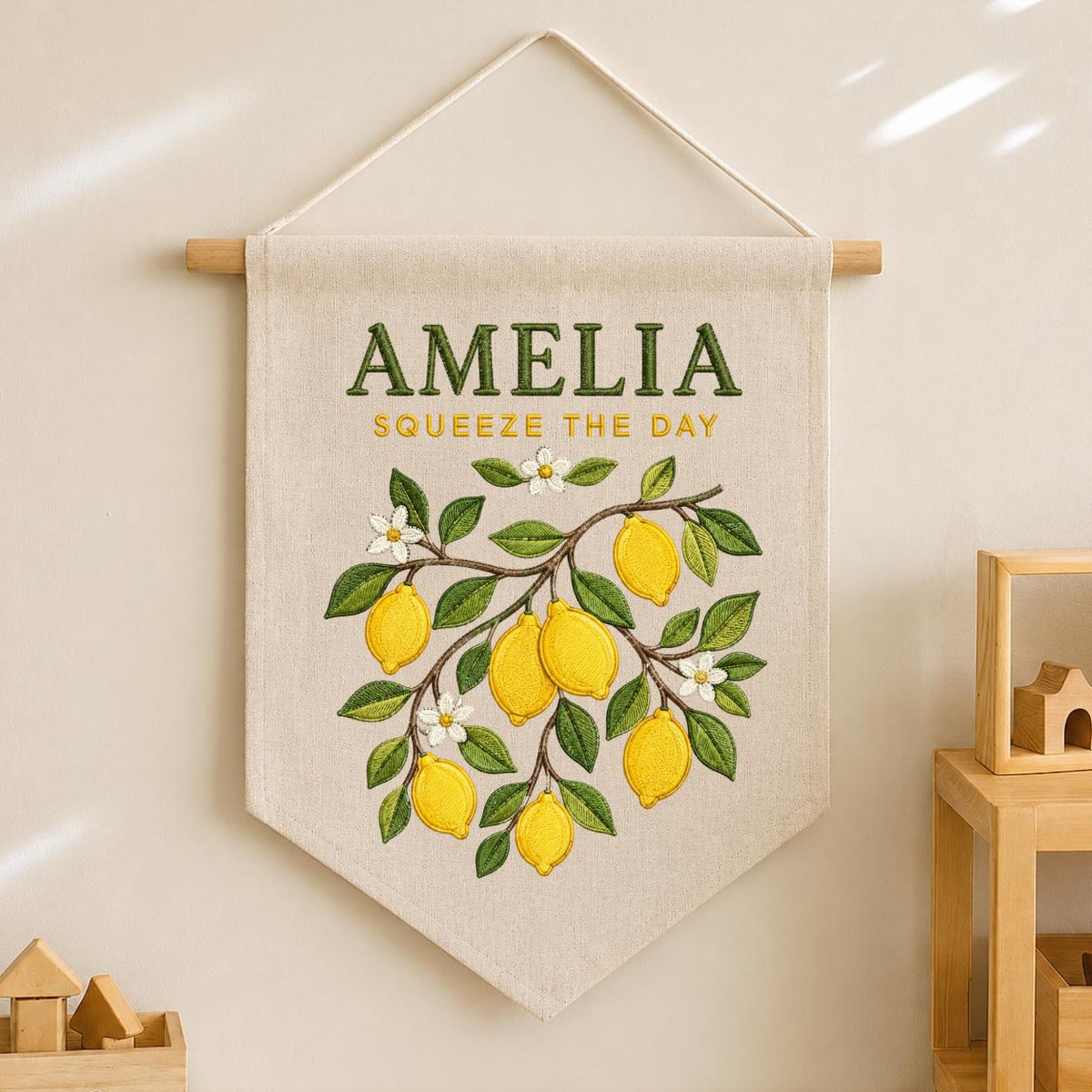 Personalized Citrus Lemon Nursery Canvas Pennant Banner Decor, Custom Embroidered Squeeze The Day Fruit Branch Wall Sign, Birthday Gift