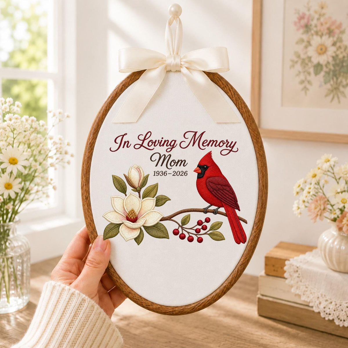 Personalized Embroidered Ornament, Cardinal Memorial Ornament, In Loving Memory Mom Gift, Sympathy Keepsake, Remembrance Decor