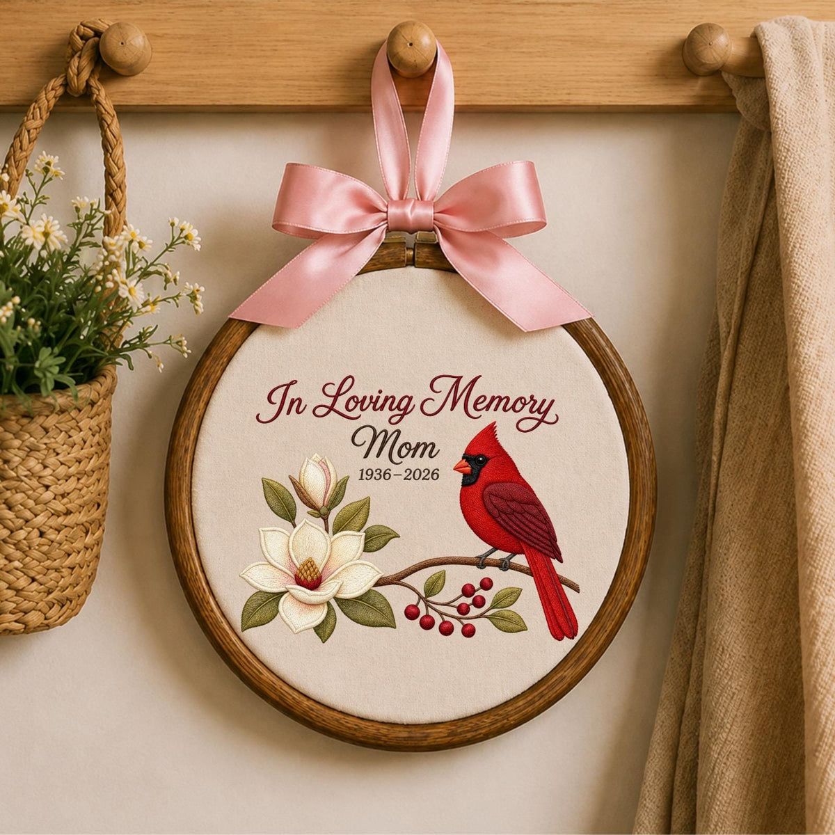 Personalized Embroidered Ornament, Cardinal Memorial Ornament, In Loving Memory Mom Gift, Sympathy Keepsake, Remembrance Decor