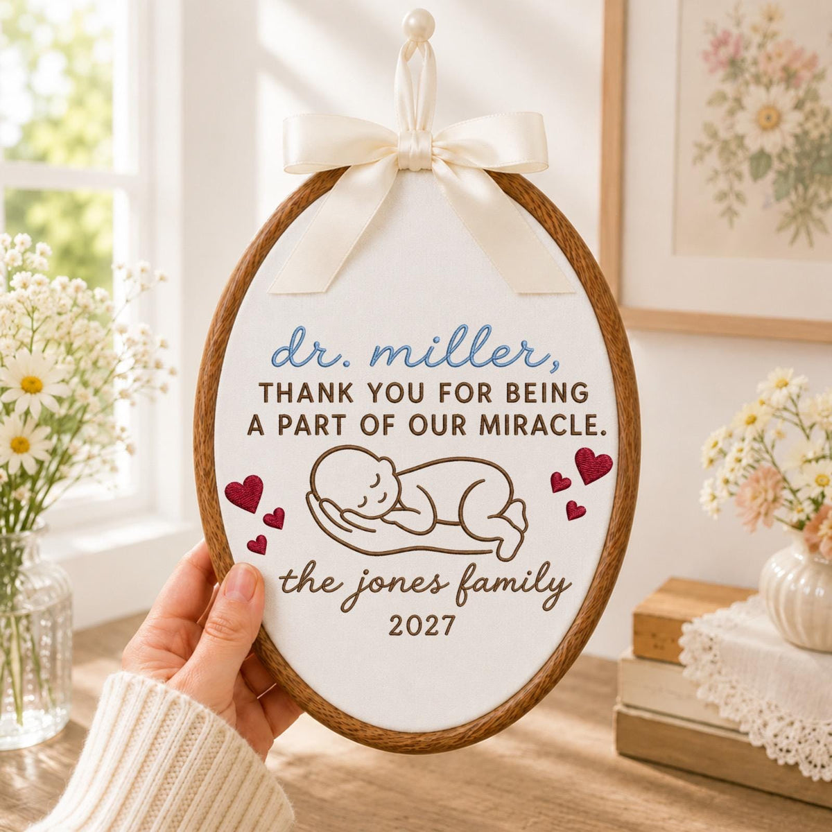 Personalized Embroidered Ornament, IVF Doctor Thank You Gift, Fertility Doctor Keepsake, Custom Family Name Baby Miracle Gift