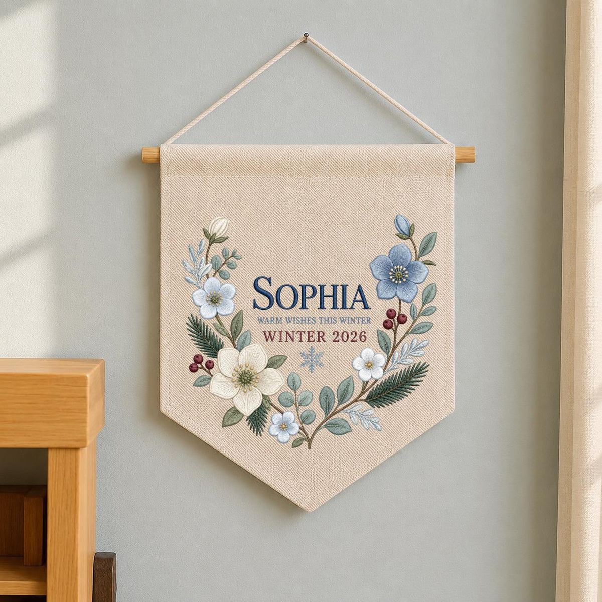 Personalized Warm Wishes Winter Canvas Pennant Banner Decor, Custom Embroidered Winter Floral Name Date Wall Hanging Sign, Baby Gift