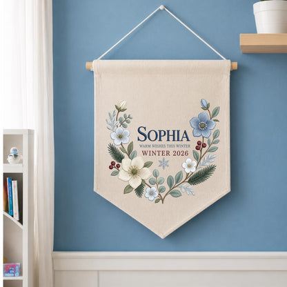 Personalized Warm Wishes Winter Canvas Pennant Banner Decor, Custom Embroidered Winter Floral Name Date Wall Hanging Sign, Baby Gift