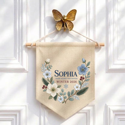 Personalized Warm Wishes Winter Canvas Pennant Banner Decor, Custom Embroidered Winter Floral Name Date Wall Hanging Sign, Baby Gift