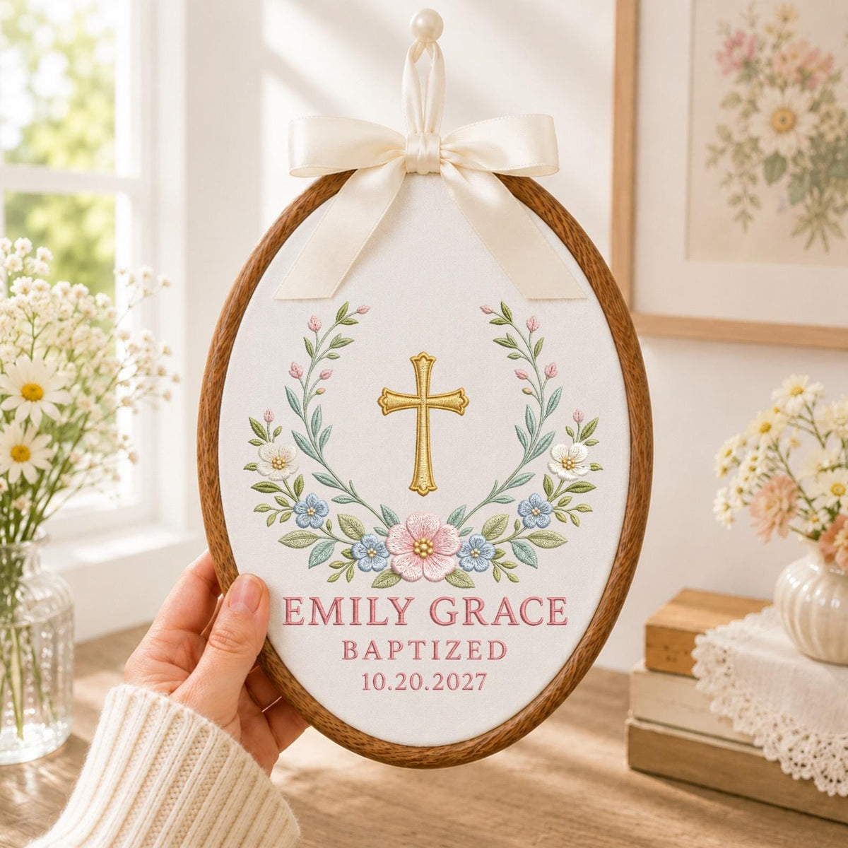 Personalized Embroidered Ornament, Baptism Cross Ornament, Custom Name Baptized Gift, Christian Baby Keepsake, Floral Religious Decor