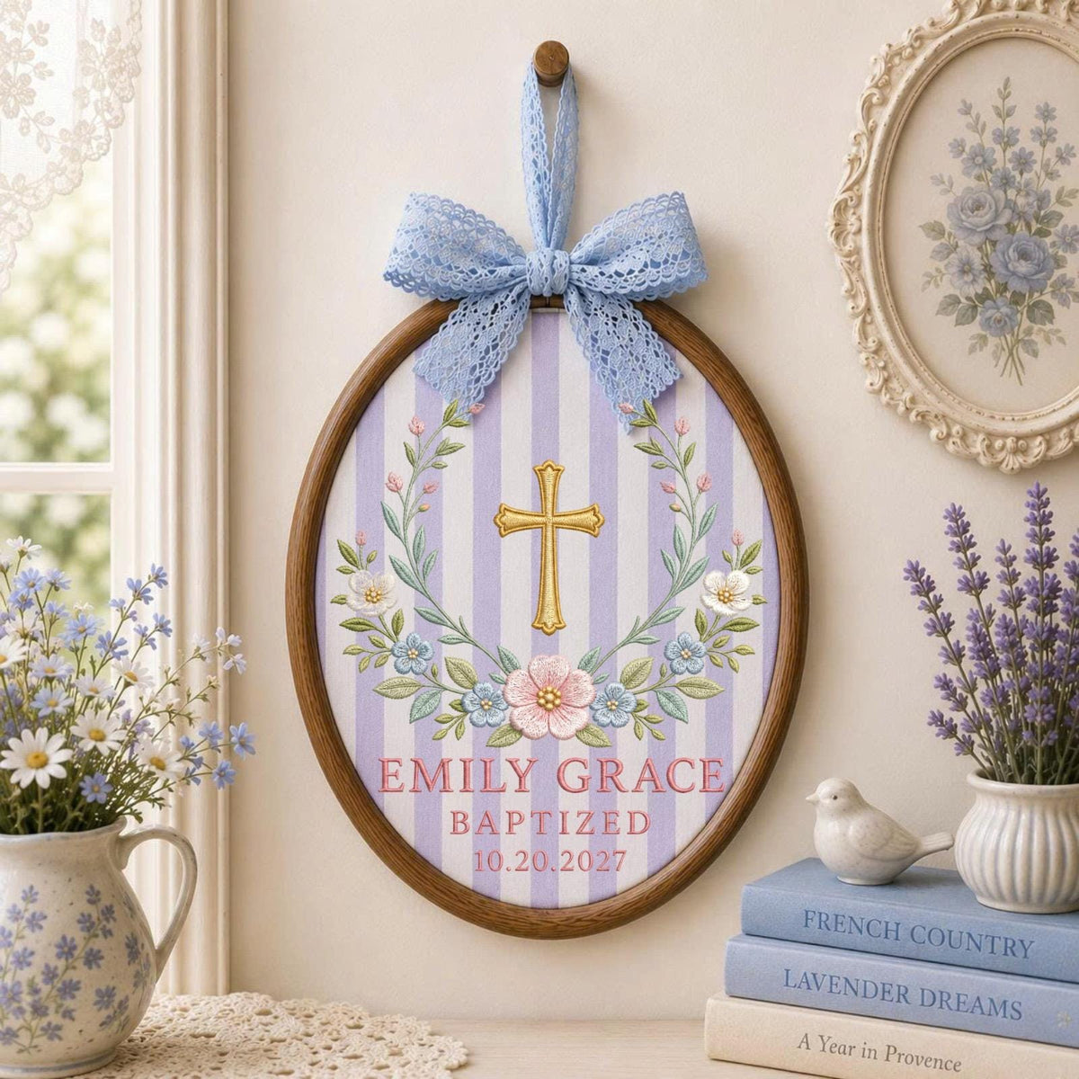 Personalized Embroidered Ornament, Baptism Cross Ornament, Custom Name Baptized Gift, Christian Baby Keepsake, Floral Religious Decor